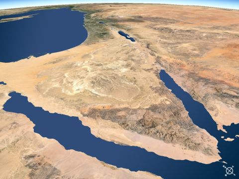 La péninsule du Sinaï vue du Sud-Ouest. Le Golfe de Suez à l'Ouest et le golfe d'Aqaba à l'Est se prolongeant dans la Mer Rouge. – Numéro de diapositive 11