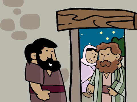 Marie avait reçu la visite d’un ange lui disant qu’elle avait été choisie pour donner naissance au Fils de Dieu, Jésus. Quand le temps vint où Marie devait accoucher, Joseph et elle durent se rendre à Bethléhem pour être enregistrés auprès des Romains. Ils auraient voulu dormir dans une auberge, mais l’aubergiste n’avait pas de chambre pour eux. – Numéro de diapositive 1