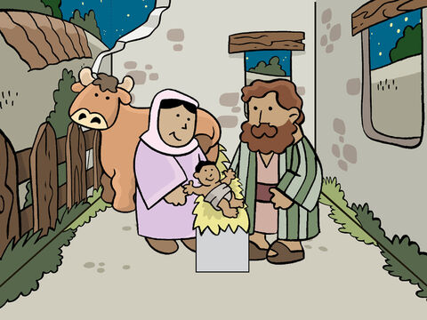 Pendant qu’ils étaient là, le temps arriva où le bébé vint au monde. Marie l’enveloppa dans un linge et le plaça dans une mangeoire. – Numéro de diapositive 3