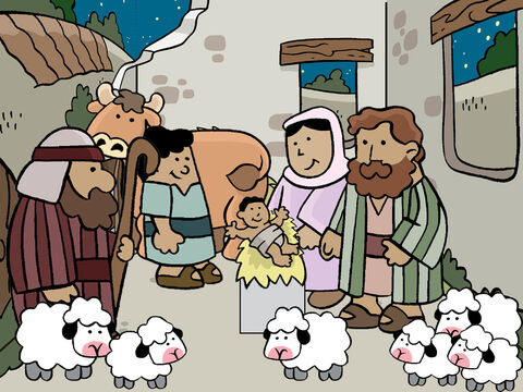 Alors les bergers y allèrent en hâte et trouvèrent Marie et Joseph. Ils virent le bébé couché dans une mangeoire et dirent à Marie et à Joseph ce que les anges leur avaient dit au sujet du bébé Jésus. Tous étaient émerveillés de ce que les bergers avaient dit. Puis les bergers retournèrent vers leurs brebis, louant Dieu et le remerciant pour tout ce qu’ils avaient vu et entendu. – Numéro de diapositive 7