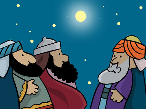 Pendant ce temps, dans un pays d’Orient, des mages remarquèrent une nouvelle étoile, très grande et très brillante. Ils surent qu’un nouveau Roi venait de naître. Ils prirent des cadeaux à offrir au Roi nouveau-né et firent un très long voyage, en suivant l’étoile. – Numéro de diapositive 8