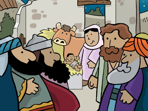 L’étoile les conduisit jusqu’à Bethléhem, à l’endroit où demeuraient Marie et Joseph. Les mages se prosternèrent et adorèrent Jésus. – Numéro de diapositive 9