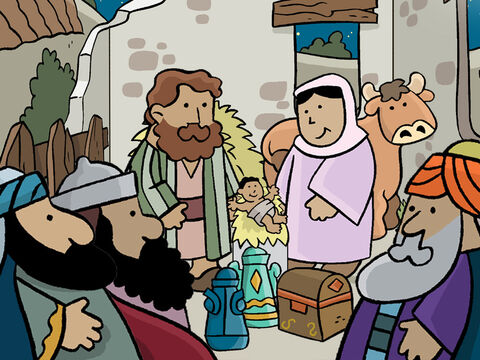 Puis ils offrirent leurs cadeaux à Jésus, de l’or, de l’encens et de la myrrhe. Ensuite, ils s’en retournèrent chez eux.<br/>(vous pouvez trouver sur notre site un PDF contenant un diaporama du décor et des personnages de ce récit, que vous pouvez imprimer et faire en activité avec les enfants) – Numéro de diapositive 10