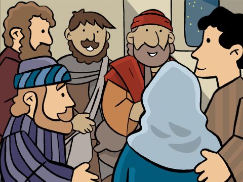Ils trouvèrent les autres disciples réunis dans une pièce à Jérusalem, et leur racontèrent la bonne nouvelle de la résurrection de Jésus. – Numéro de diapositive 14