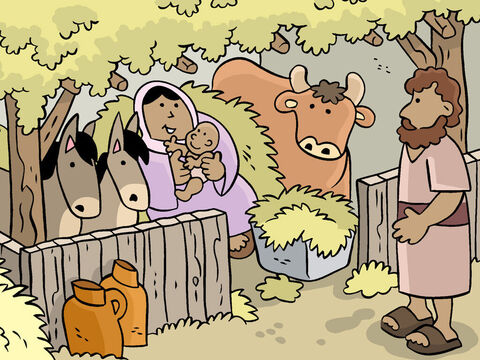 Joseph aménagea un petit lit de paille pour Marie et c’est là, dans cet humble endroit, que Marie donna naissance à son fils premier-né, Jésus. Elle l’enveloppa de linges et le coucha délicatement dans la mangeoire. – Numéro de diapositive 9