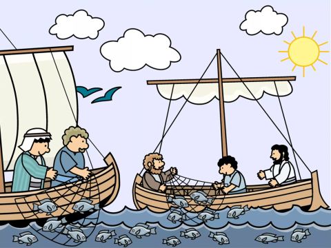“Venez nous aider!”, dirent les pêcheurs à leurs amis se trouvant dans une autre barque. Rapidement, les deux barques furent pleines de poissons. – Numéro de diapositive 9