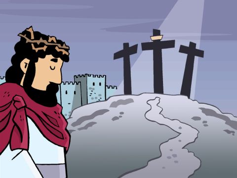 Jésus est mort pour subir le châtiment de toutes nos mauvaises actions. Par sa mort, nous avons  pu devenir amis avec Dieu. – Numéro de diapositive 8