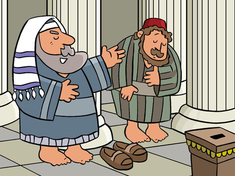 Jésus dit: “Deux hommes montèrent à la maison de Dieu pour prier. L’un d’eux était un homme religieux, obéissant scrupuleusement à la loi et fier de lui. L’autre homme était collecteur d’impôts. – Numéro de diapositive 2