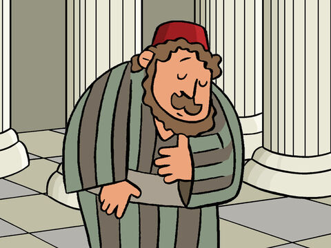 Mais l’homme qui était collecteur d’impôts se tenait debout, à distance. Il n’osait même pas lever les yeux au ciel. Mais il se frappait la poitrine et disait: ‘Ô Dieu, aie pitié de moi! Je suis un pécheur!’ – Numéro de diapositive 5