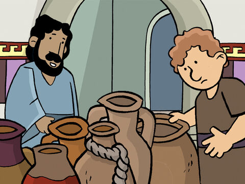 Il y’avait six grandes jarres en pierre à proximité. Les juifs utilisaient ce genre de jarres lors de leur cérémonie d’ablution. Chaque jarre contenait environ 90 à 130 litres.<br/>Jésus ordonna aux serviteurs : “ Remplissez les jarres d’eau”. – Numéro de diapositive 7