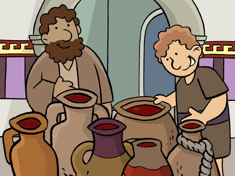 Les serviteurs apportèrent l’eau au maître. Quand il la goûta, l’eau était devenue du vin. – Numéro de diapositive 9