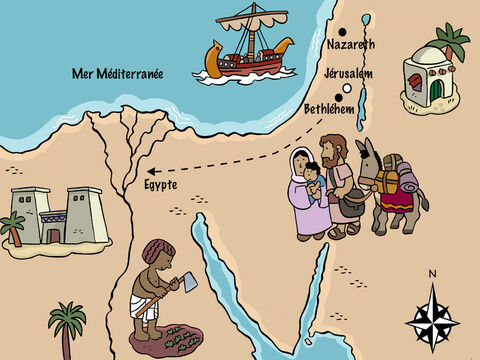 Cette nuit-là, Joseph et Marie se mirent en chemin pour un long voyage vers l’Égypte, où Dieu les garderait en sécurité et où Hérode ne pourrait rien faire à Jésus. Deux ans plus tard, quand le roi Hérode mourut, Dieu dit à Joseph qu’il pouvait rentrer sans crainte, et la jeune famille repartit dans son village natal de Nazareth. – Numéro de diapositive 23