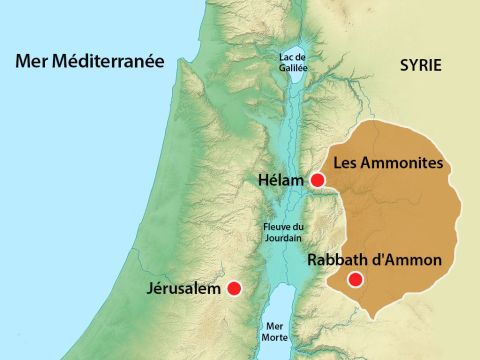 Joab retourna à Jérusalem. Les Araméens qui avaient été mis en déroute par Israël se regroupèrent. Ils envoyèrent des messagers au-delà de l'Euphrate pour rassembler davantage de troupes araméennes. – Numéro de diapositive 11