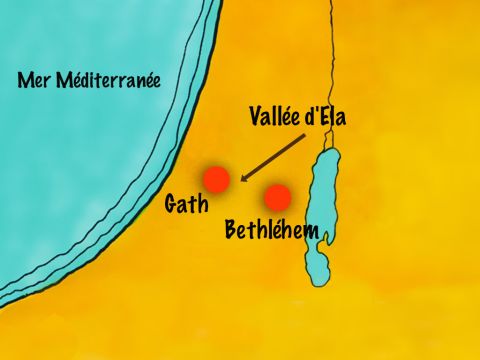 Saül et les hommes d'Israël installèrent leur camp dans la vallée d’Ela. Un homme nommé Goliath, de la cité de Gath, sortit alors du camp des Philistins et s'avança entre les deux armées pour provoquer les Israélites. – Numéro de diapositive 2