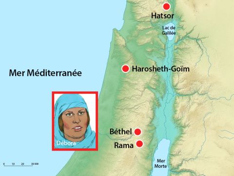 Elle siégeait sous le palmier de Débora, entre Rama et Béthel, dans la région montagneuse d'Ephraïm et les Israélites montaient vers elle pour être jugés. – Numéro de diapositive 8