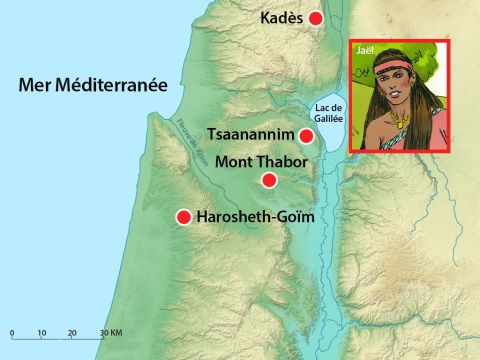 Barak poursuivit les chars et l'armée jusqu'à Harosheth-Goïm. Toute l'armée de Sisera tomba sous le tranchant de l'épée. Toujours à pied, Sisera se réfugia dans la tente de Jaël, la femme de Héber le Kénien. En effet, il y avait paix entre Jabin, le roi de Hatsor, et la famille de Héber le Kénien. – Numéro de diapositive 15