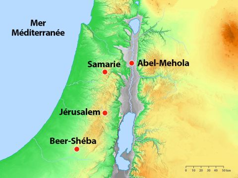 Elisée et sa famille vivaient à Abel-Mehola dans le pays d’Israël, gouverné par le roi Achab et par la reine Jézabel. C’est la reine Jézabel qui avait menacé de faire mourir Elie. – Numéro de diapositive 2