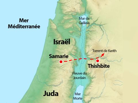 Image optionnelle. Sur cette carte figurent Tischbé, la ville natale d’Elie, Samarie, où se trouvait le palais du roi Achab, et l’emplacement le plus probable du torrent de Kerith, qui coulait à travers un ravin dans un lieu désert. – Numéro de diapositive 4