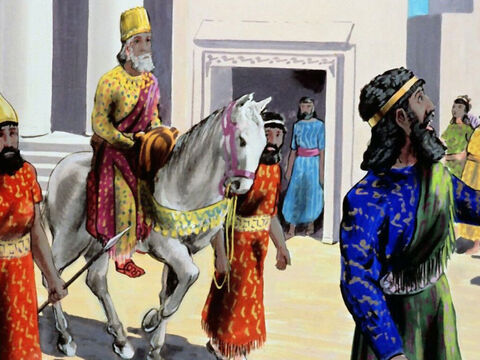 Haman dut donc revêtir Mardochée des vêtements royaux et le proclamer publiquement honoré par le roi. – Numéro de diapositive 39