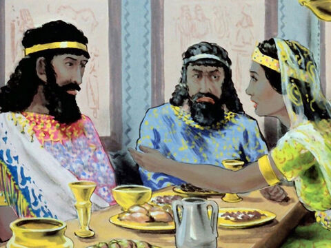 Plus tard, au dîner, Esther dit au roi qu’elle était  Juive, et elle le pria de sauver son peuple. – Numéro de diapositive 40