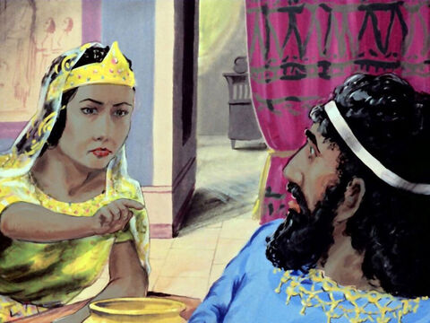 “C’est lui!” répondit Esther, pointant son doigt vers Haman. “L’ennemi est assis à la table avec nous.” – Numéro de diapositive 43