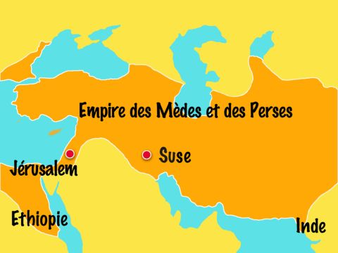 Le roi Xerxès régnait sur l'empire des Mèdes et des Perses, qui s'étendait sur 127 provinces, de l'Éthiopie à l'Inde. De nombreux Juifs vivaient dans son empire. – Numéro de diapositive 2