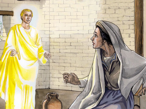 L’ange entre chez elle et lui dit : « Réjouis-toi ! Le Seigneur Dieu t’a montré son amour d’une manière particulière. Il est avec toi. » En entendant cela, Marie est très émue, elle se demande ce que signifie cette salutation. – Numéro de diapositive 3