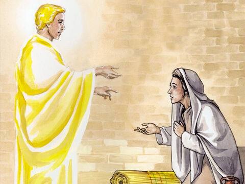 C’est pourquoi l’enfant qui va naître sera saint, et on l’appellera Fils de Dieu.  Écoute ! Élisabeth, qui est de ta famille, elle aussi est enceinte et elle aura un fils. Pourtant elle est vieille. On disait qu’elle ne pouvait pas avoir d’enfant, et maintenant, elle est enceinte depuis six mois !  Non, rien n’est impossible pour Dieu ! » – Numéro de diapositive 8