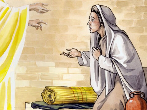 Marie répond : « Je suis la servante du Seigneur. Que Dieu fasse pour moi ce que tu as dit ! » – Numéro de diapositive 9