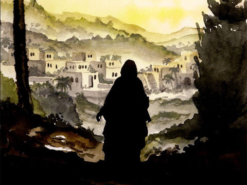 Peu de temps après, Marie s’en va. Elle marche rapidement vers les montagnes, dans une ville de Judée. Elle entre dans la maison de Zacharie et salue Élisabeth. – Numéro de diapositive 1