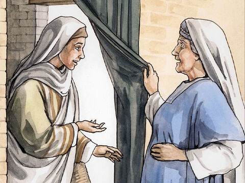 Quand Élisabeth entend la salutation de Marie, son enfant remue dans son ventre. Alors Élisabeth est remplie de l’Esprit Saint. Elle dit d’une voix forte : « Dieu te bénit plus que toutes les autres femmes, et il bénit aussi l’enfant que tu portes en toi ! – Numéro de diapositive 2
