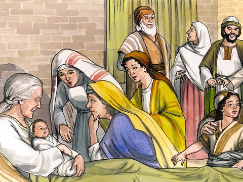 Le temps où Elisabeth devait accoucher arriva, et elle enfanta un fils. Ses voisins et ses parents apprirent que le Seigneur avait fait éclater envers elle sa miséricorde, et ils se réjouirent avec elle. – Numéro de diapositive 1