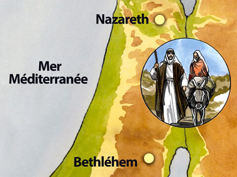 Tous allaient se faire inscrire, chacun dans sa ville d'origine. Joseph aussi monta de la Galilée, de la ville de Nazareth, pour se rendre en Judée dans la ville de David, appelée Bethléhem, parce qu'il était de la famille et de la lignée de David. – Numéro de diapositive 2