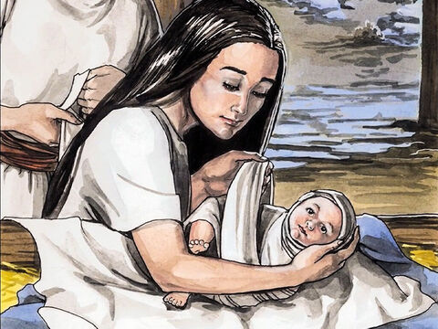 et elle enfanta son fils premier-né. Elle l’emmaillota, et le coucha dans une crèche, parce qu’il n’y avait pas de place pour eux dans l’hôtellerie. – Numéro de diapositive 5