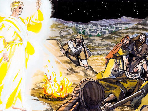 Il y avait, dans cette même contrée, des bergers qui passaient dans les champs les veilles de la nuit pour garder leurs troupeaux. Et voici, un ange du Seigneur leur apparut, et la gloire du Seigneur resplendit autour d’eux. Ils furent saisis d’une grande frayeur. – Numéro de diapositive 6