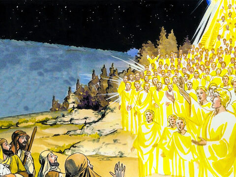 Et soudain il se joignit à l’ange une multitude de l’armée céleste, louant Dieu et disant: “Gloire à Dieu dans les lieux très hauts, et paix sur la terre parmi les hommes qu’il agrée!” – Numéro de diapositive 8