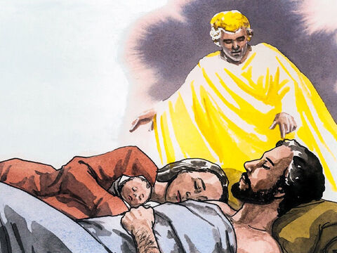 Lorsque les mages furent partis, voici, un ange du Seigneur apparut en songe à Joseph, et dit: “Lève-toi, prends le petit enfant et sa mère, fuis en Egypte, et restes-y jusqu’à ce que je te parle; car Hérode cherchera le petit enfant pour le faire périr.” – Numéro de diapositive 1
