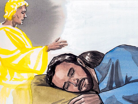 Quand Hérode fut mort, voici, un ange du Seigneur apparut en songe à Joseph, en Egypte, et dit: “Lève-toi, prends le petit enfant et sa mère, et va dans le pays d’Israël, car ceux qui en voulaient à la vie du petit enfant sont morts.” – Numéro de diapositive 6