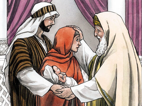 Siméon les bénit et dit à Marie, sa mère: “Voici, cet enfant est destiné à amener la chute et le relèvement de beaucoup en Israël, et à devenir un signe qui provoquera la contradiction, et à toi-même une épée te transpercera l’âme, afin que les pensées de beaucoup de cœurs soient dévoilées.” – Numéro de diapositive 8