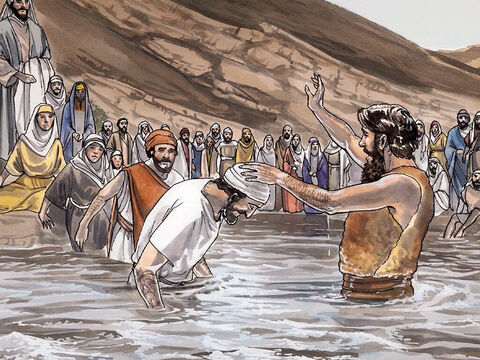 Les habitants de Jérusalem, de toute la Judée et de tout le pays des environs du Jourdain, se rendaient auprès de lui; et, confessant leurs péchés, ils se faisaient baptiser par lui dans les eaux du Jourdain. – Numéro de diapositive 5