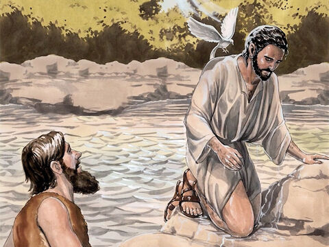 Dès que Jésus eut été baptisé, il sortit de l’eau. Et voici, les cieux s’ouvrirent, et il vit l’Esprit de Dieu descendre comme une colombe et venir sur lui. – Numéro de diapositive 5