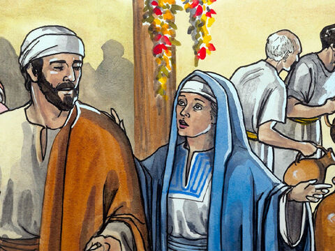 Le vin ayant manqué, la mère de Jésus lui dit: “Ils n’ont plus de vin.” Jésus lui répondit: “Femme, qu’y a-t-il entre moi et toi? Mon heure n’est pas encore venue.” – Numéro de diapositive 4