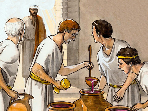 Quand l’ordonnateur du repas eut goûté l’eau changée en vin, ne sachant d’où venait ce vin, tandis que les serviteurs, qui avaient puisé l’eau, le savaient bien, il appela l’époux. – Numéro de diapositive 8