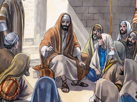 Ensuite, il roula le livre, le remit au serviteur, et s’assit. Tous ceux qui se trouvaient dans la synagogue avaient les regards fixés sur lui.  Alors il commença à leur dire: “Aujourd’hui cette parole de l’Ecriture, que vous venez d’entendre, est accomplie.” – Numéro de diapositive 6