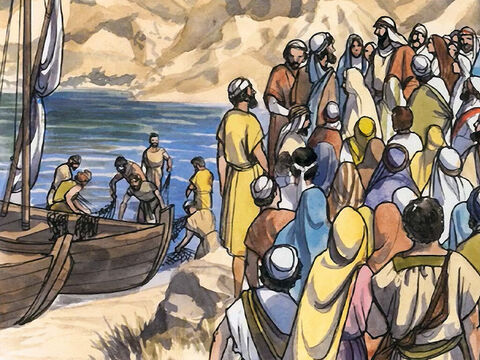 il vit au bord du lac deux barques, d’où les pêcheurs étaient descendus pour laver leurs filets. – Numéro de diapositive 2