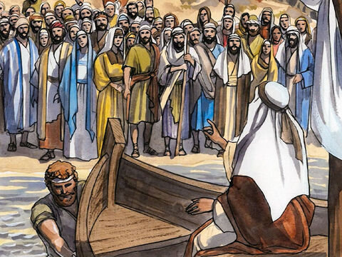 Il monta dans l’une de ces barques, qui était à Simon, et il le pria de s’éloigner un peu de terre. – Numéro de diapositive 3