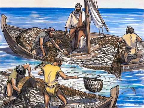 Ils firent signe à leurs compagnons qui étaient dans l’autre barque de venir les aider. Ils vinrent et ils remplirent les deux barques, au point qu’elles enfonçaient. – Numéro de diapositive 8