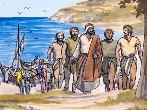 Et, ayant ramené les barques à terre, ils laissèrent tout, et le suivirent. – Numéro de diapositive 11