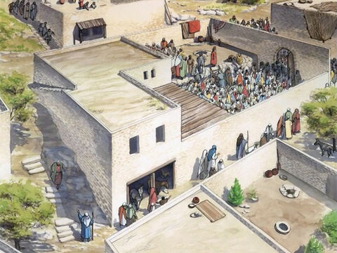 Un jour Jésus enseignait dans une maison. Des pharisiens et des docteurs de la loi étaient là assis, venus de tous les villages de la Galilée, de la Judée et de Jérusalem; et la puissance du Seigneur se manifestait par des guérisons. – Numéro de diapositive 1