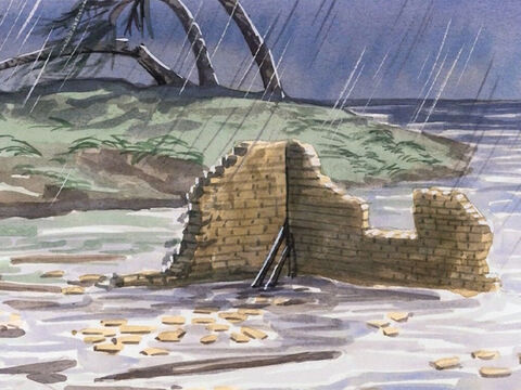 La pluie est tombée, les torrents sont venus, les vents ont soufflé et ont battu cette maison: elle est tombée, et sa ruine a été grande. – Numéro de diapositive 6